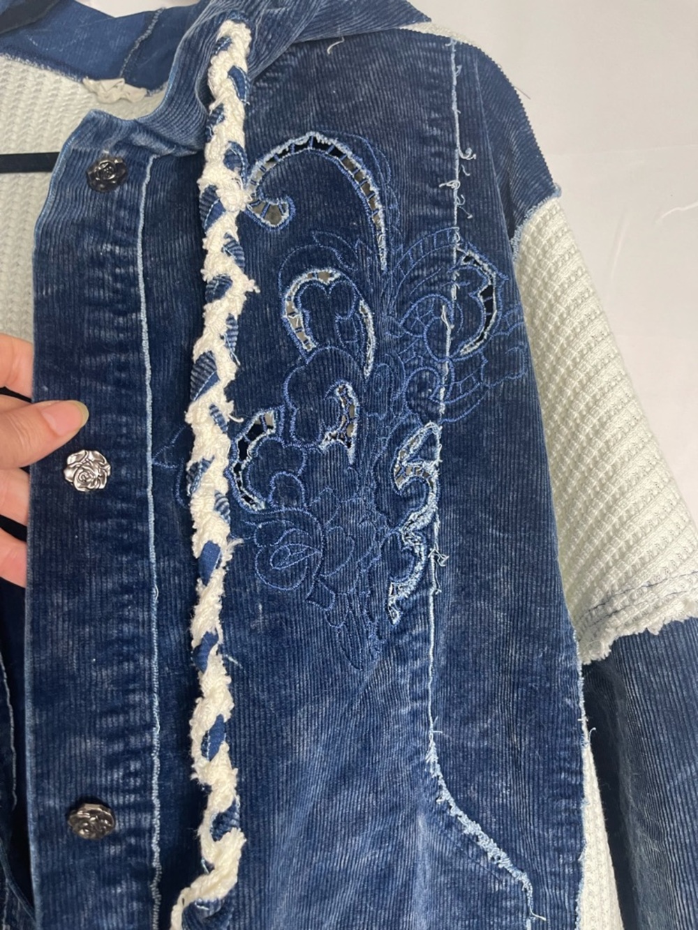 POL Blue Patchwork Hooded Cardigan with Embroidered Swirls - Picture 8 of 11